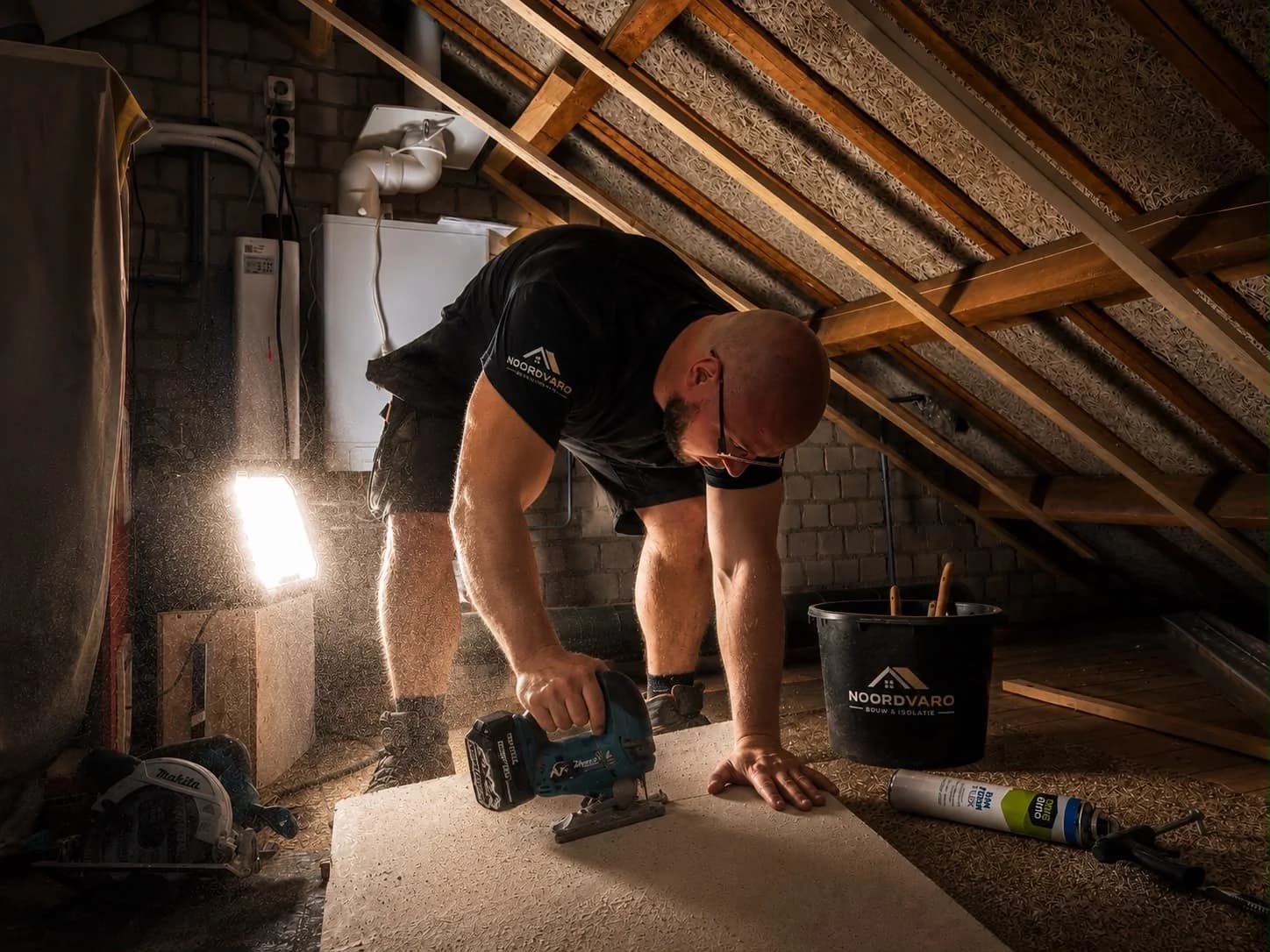 A Noordvaro specialist cuts sheet material in an attic