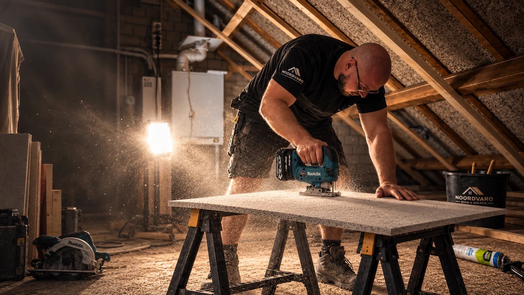 Tradesperson cutting a panel to size in an attic.