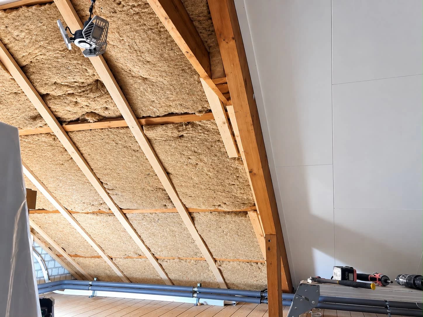 Transition from flax insulation to white panel finishing in an attic in Assen