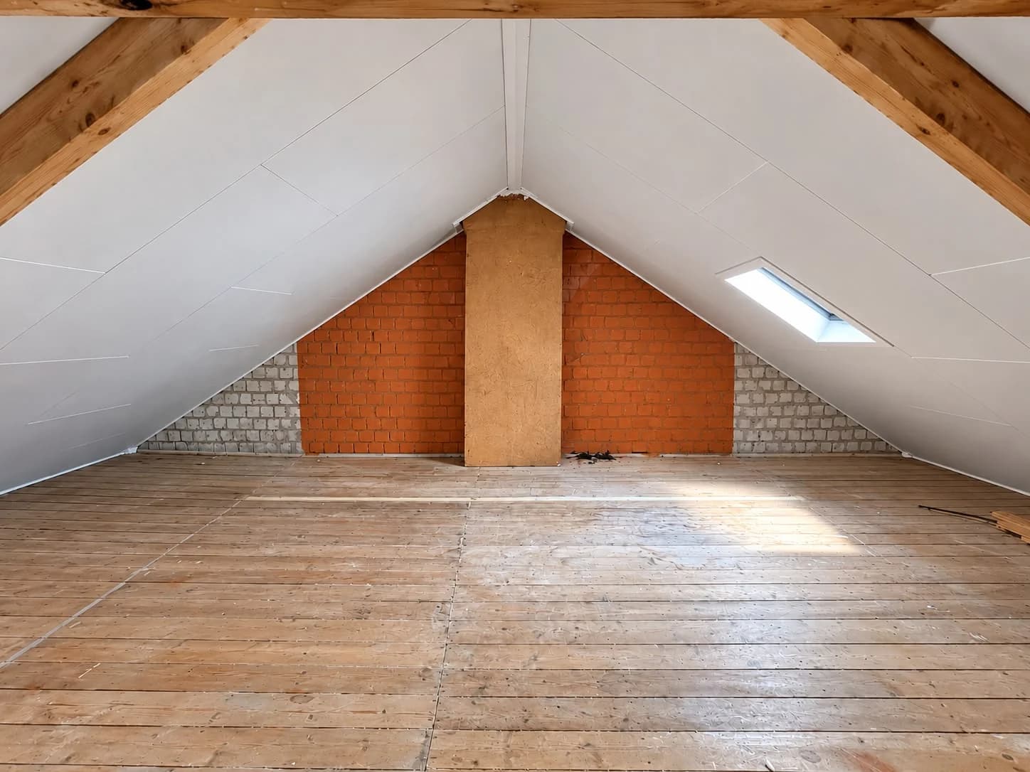 Attic with white sloping panels, timber floor, brick gable wall and roof window on the right